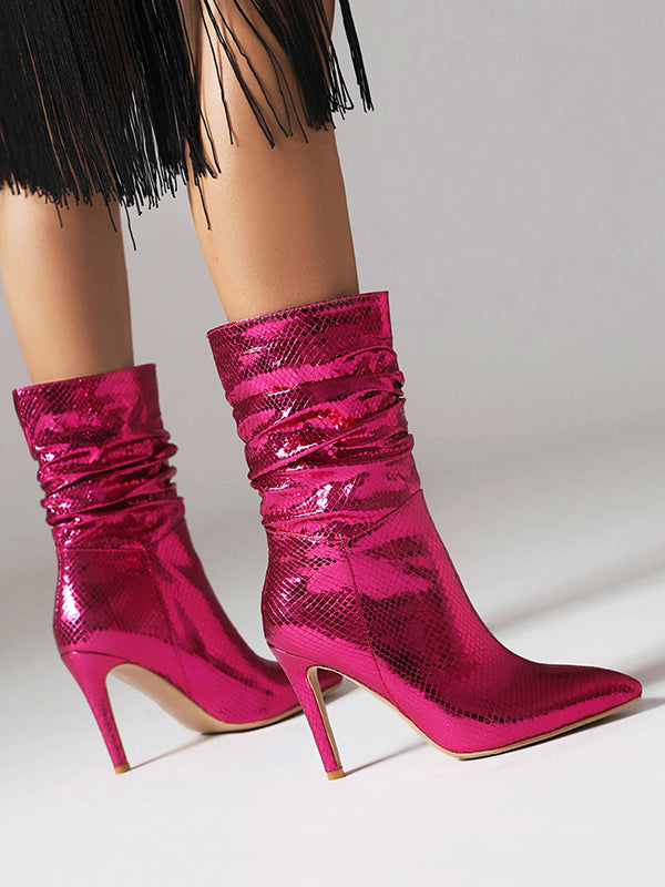 Pleated Snakeskin Printed Solid Color Split-Joint Boots Pumps