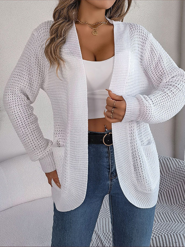 Long Sleeves Loose Pockets Solid Color Collarless Cardigan Tops