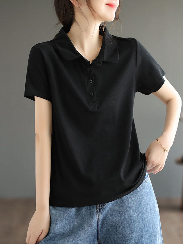 Short Sleeves Buttoned Solid Color Polo T-Shirts Tops