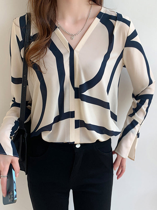 Flared Sleeves Long Sleeves Printed V-Neck Blouses&Shirts Tops