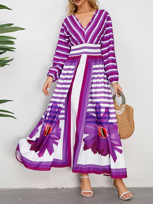 A-Line Long Sleeves Backless Elasticity Flower Print Split-Joint Striped Tied V-Neck Maxi Dresses