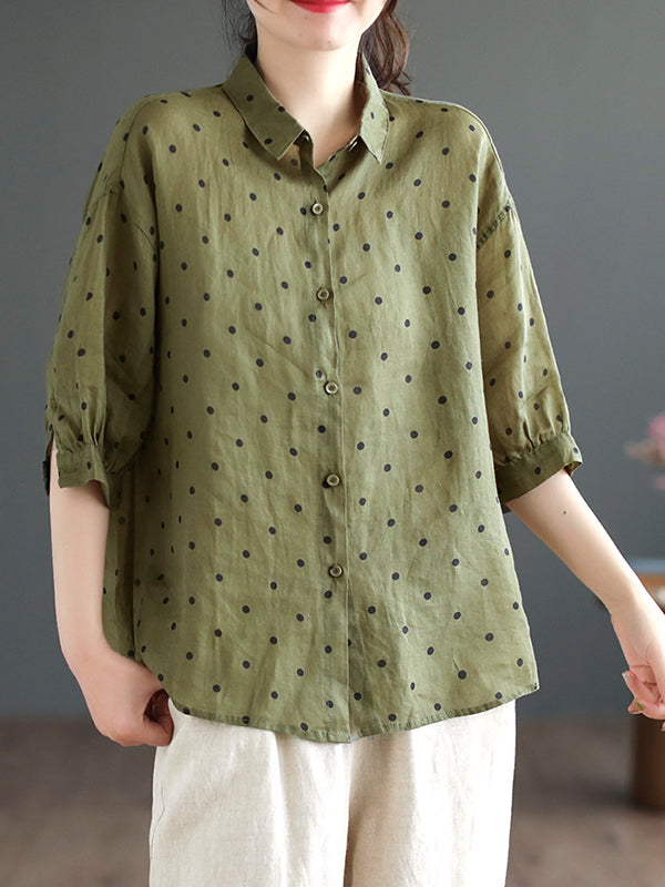 Half Sleeves Loose Polka-Dot Lapel Blouses&Shirts Tops