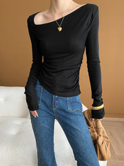 Long Sleeves Skinny Solid Color Asymmetric Collar T-Shirts Tops