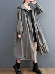 Casual Loose Solid Color Zipper Drawstring Long Sleeves Hooded Trench Coat