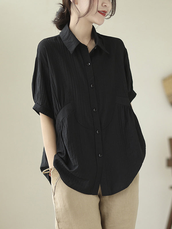 Half Sleeves Loose Pleated Solid Color Split-Joint Lapel Blouses&Shirts Tops