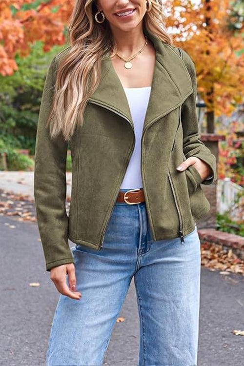 Zip Up Pocketed Faux Suede Moto Jacket