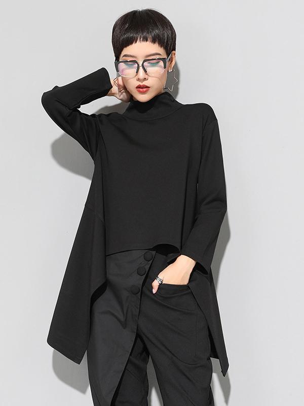 Black Zipper Long Sleeves Swallow-Tailed T-Shirt