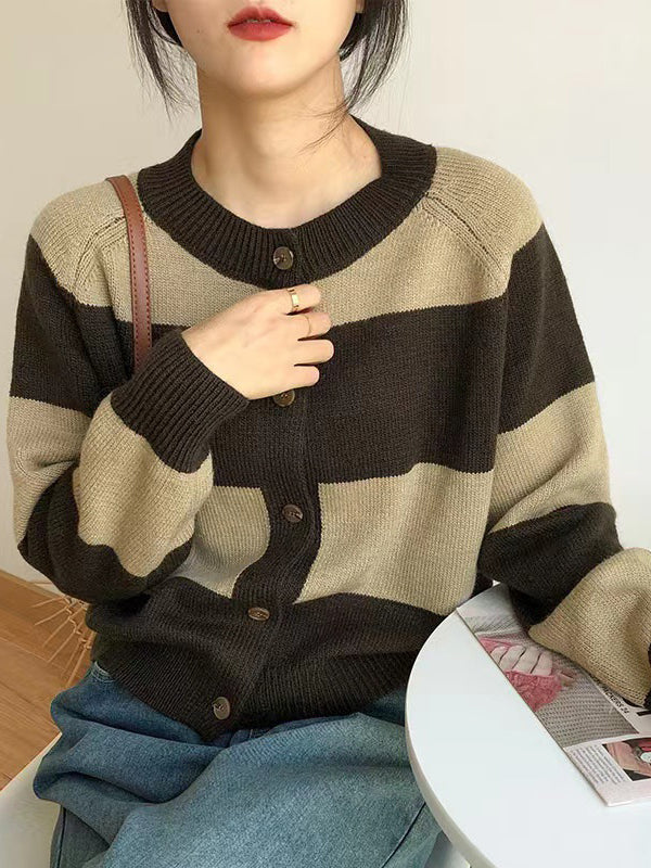 Casual Buttoned Contrast Color Striped Cardigan Tops