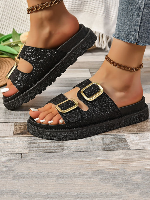 Belt Buckle Hollow Open Toe Shiny Sandals Slippers