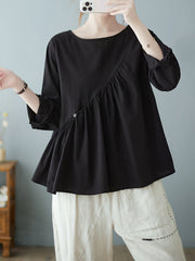 Casual Loose Long Sleeves Solid Color Round-Neck T-Shirts Tops