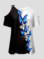 Loose Short Sleeves Butterfly Print Split-Joint Cold Shoulder T-Shirts Tops