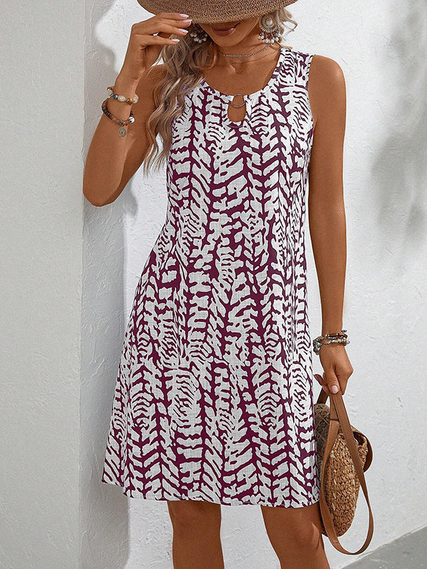 A-Line Loose Hollow Printed U-Neck Mini Dresses