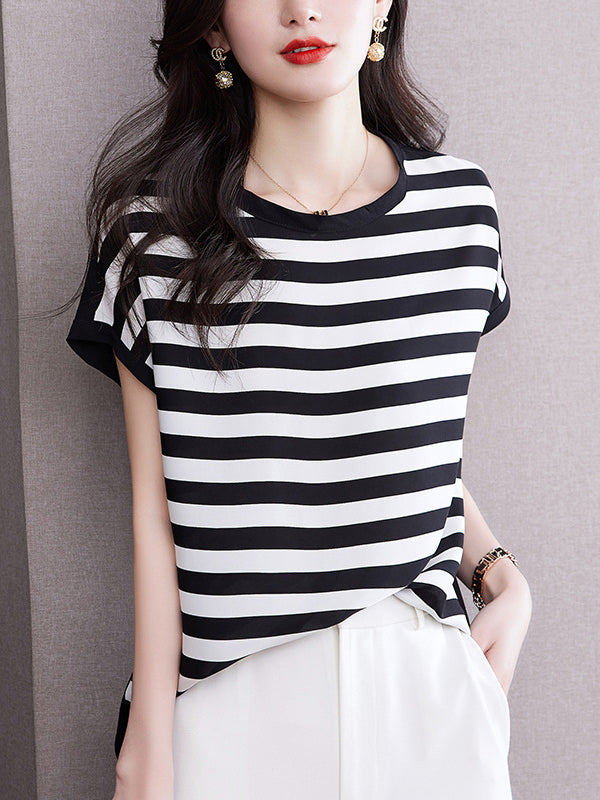 Loose Plus Size Contrast Color Striped Round-Neck T-Shirts