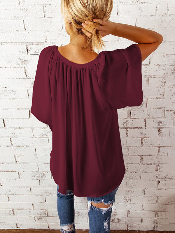 Simple Casual Solid Color Loose Pleated Half Sleeves T-Shirt Top