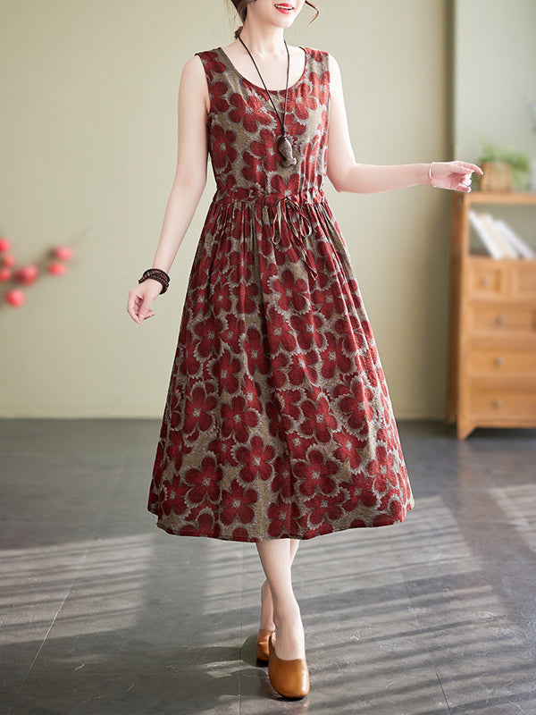 Loose Oversize Drawstring Floral Printed Round-Neck Midi Dresses