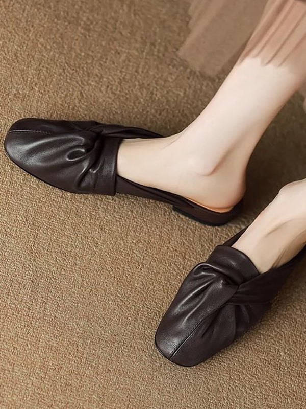 Hollow Pleated Round-Toe Split-Joint Slippers&Mules