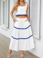 Sleeveless Striped Square-Neck Vest Top + A-Line High Waisted Drawstring Elasticity Pockets Skirts Bottom Two Pieces Set