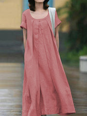 Simple Solid Color U-Neck Pleated Short Sleeves Maxi Dress