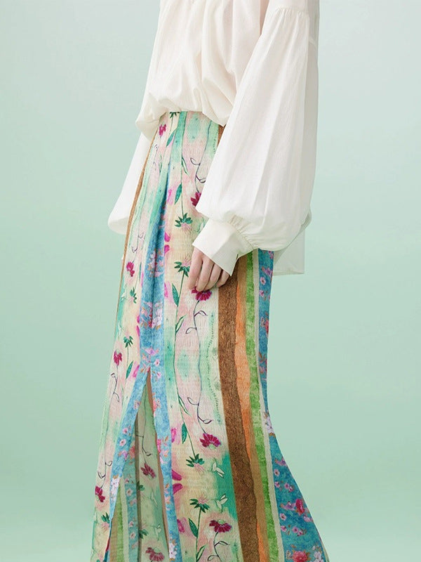 Wrap Contrast Color Flower Print Split-Front Skirts Bottoms