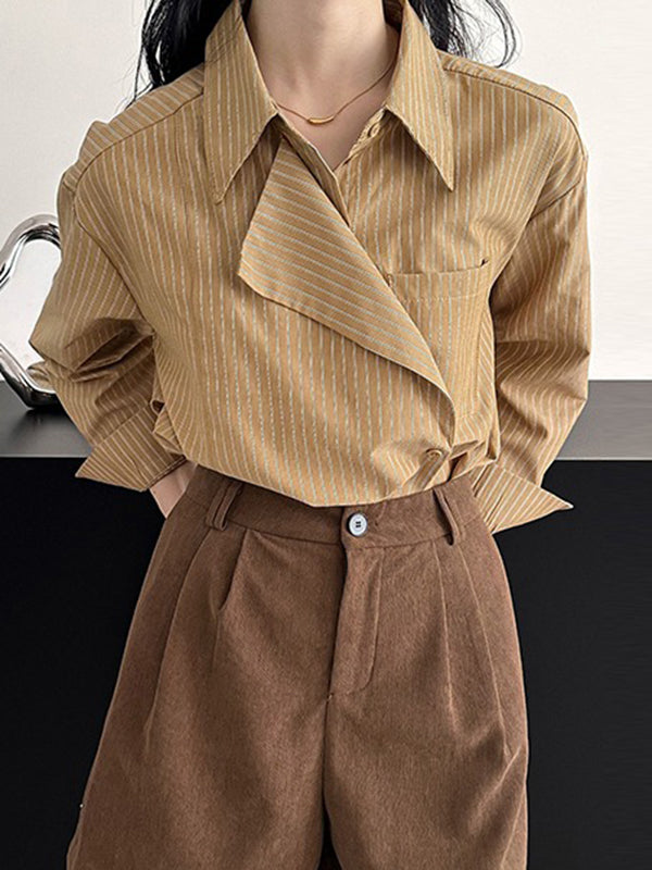 Long Sleeves Loose Asymmetric Split-Joint Striped Lapel Blouses