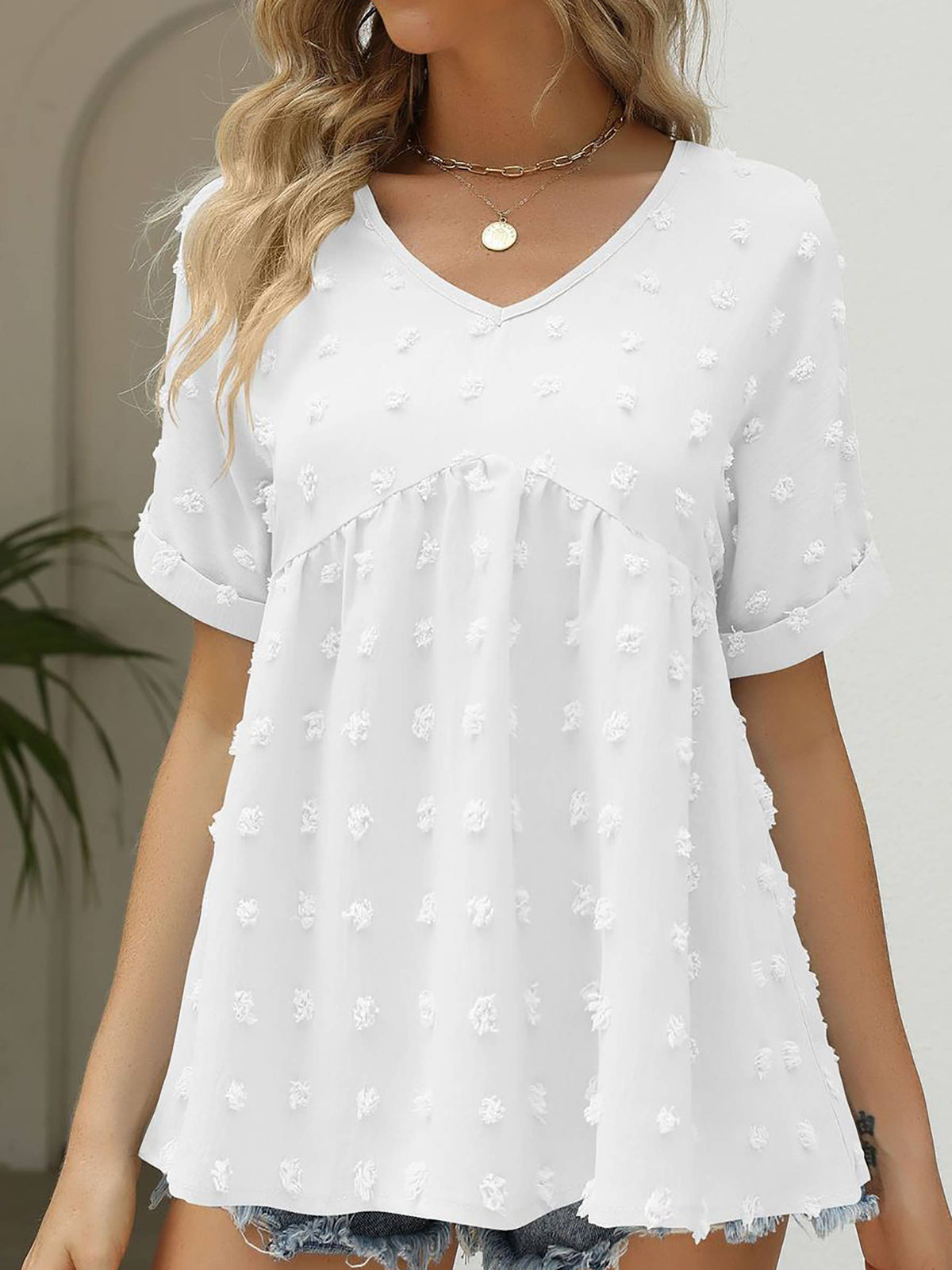 V-neck Loose Pleated Short Sleeve Chiffon Top