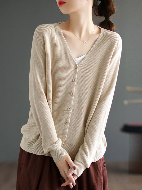 Long Sleeves Loose Solid Color V-Neck Cardigan Tops