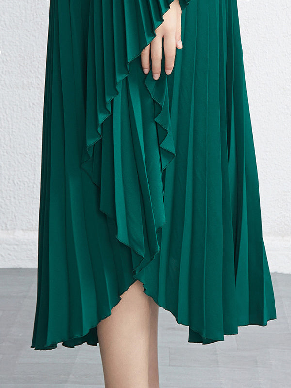 Batwing Sleeves Loose Pleated Solid Color Maxi Dresses