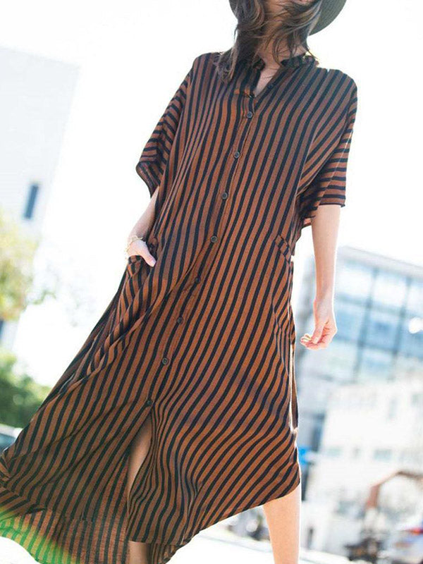 Batwing Sleeves Half Sleeves Buttoned Pockets Striped Round-Neck Beach Cover-Up Maxi Dresses