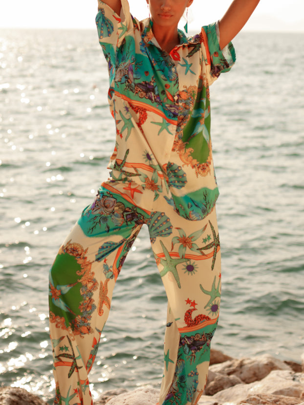 Unique Ocean Floral Print Shirt Trousers Two-Piece Set