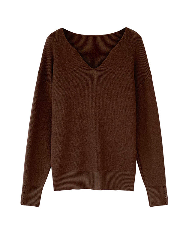 Casual Loose Long Sleeves Solid Color V-Neck Sweater Tops