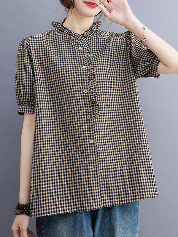 Loose Oversize Plaid Pleated Split-Joint V-Neck Blouses