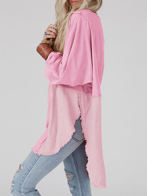 High-Low Long Sleeves Fringed Split-Joint Split-Side Round-Neck Sweatshirt Tops