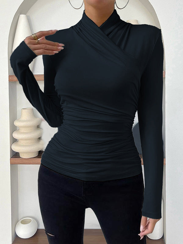 Long Sleeves Skinny Pleated Solid Color Mock Neck T-Shirts Tops