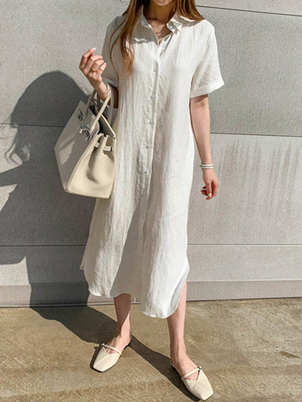 Simple 3 Colors Loose Casual Short Sleeve Shirt Dress