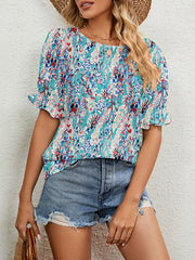 Loose Short Sleeves Elasticity Flower Print Ruffle Trim Round-Neck T-Shirts Tops