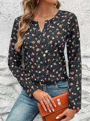 Long Sleeves Loose Flower Print Round-Neck Blouses&Shirts Tops