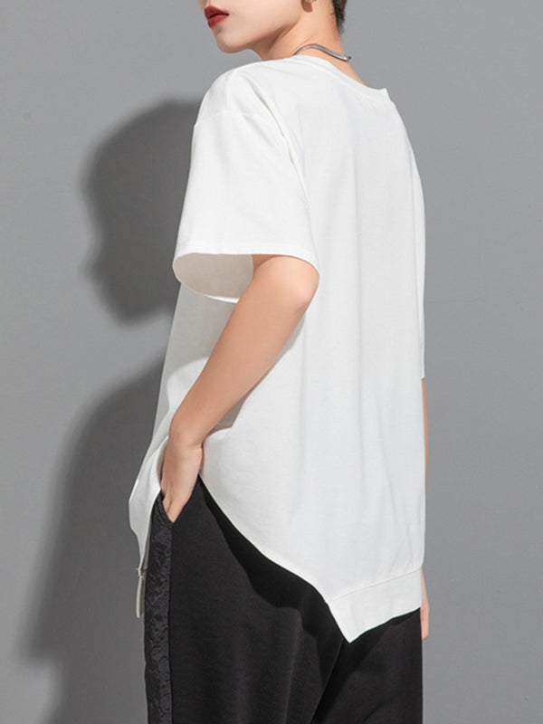 Loose Short Sleeves Asymmetric Solid Color Split-Joint Round-Neck T-Shirts Tops