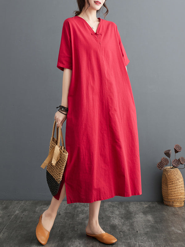 A-Line Loose Chinese Frog Buttons Pockets Solid Color Split-Side V-Neck Midi Dresses