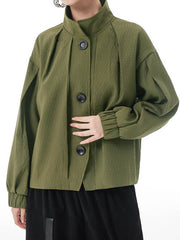 Long Sleeves Loose Buttoned Elasticity Pleated Stand Collar Jackets Outerwear