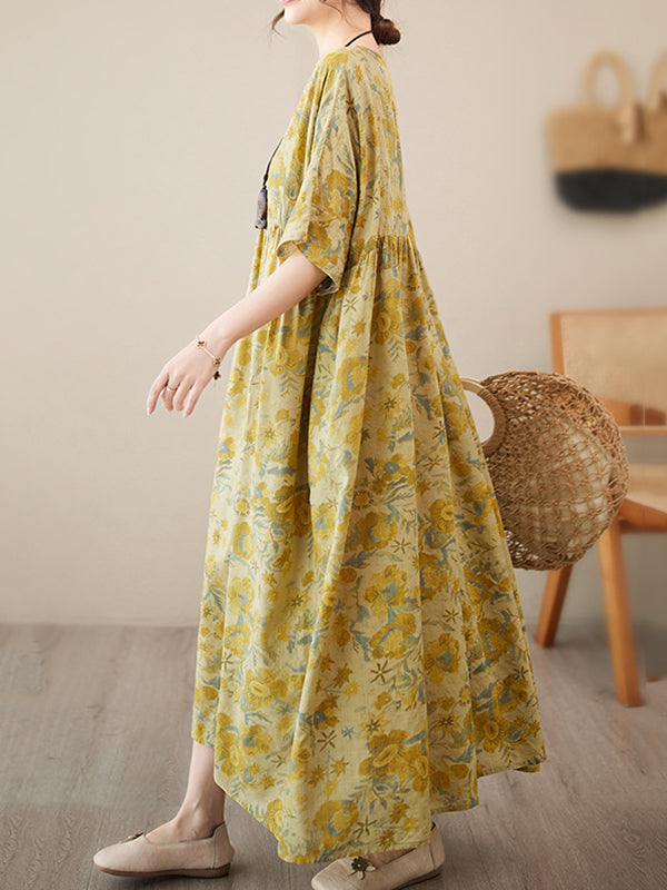 Loose Raglan Sleeve Floral Printed Pleated Split-Joint Round-Neck Midi Dresses