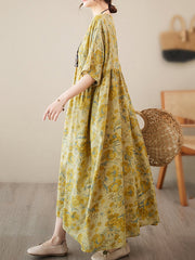 Loose Raglan Sleeve Floral Printed Pleated Split-Joint Round-Neck Midi Dresses