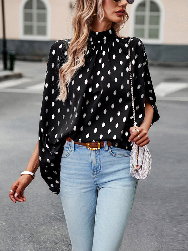 Loose Bandage Polka Dot Round-Neck Blouses&Shirts Tops