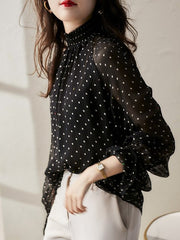 Flared Sleeves Long Sleeves Elasticity Mesh Polka-Dot See-Through Mock Neck Blouses&Shirts Tops