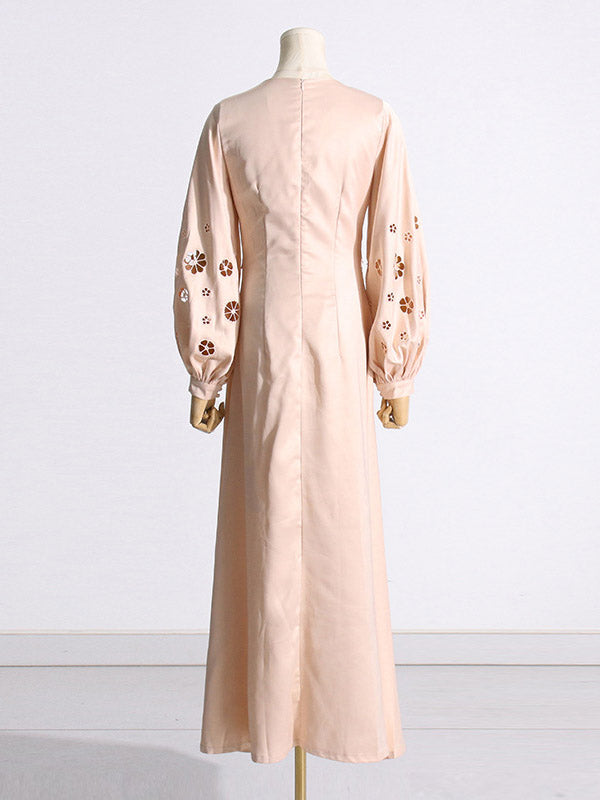 A-Line Long Sleeves Hollow Solid Color Round-Neck Maxi Dresses