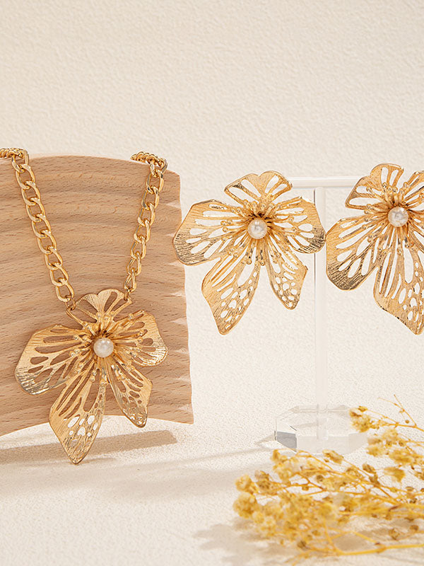 Chains Flower Shape Hollow Pleated Three Pieces Dainty Necklace + Earrings Accessories