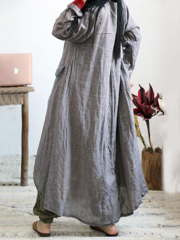 Loose Vintage Linen Plaid Round-neck Long Dress