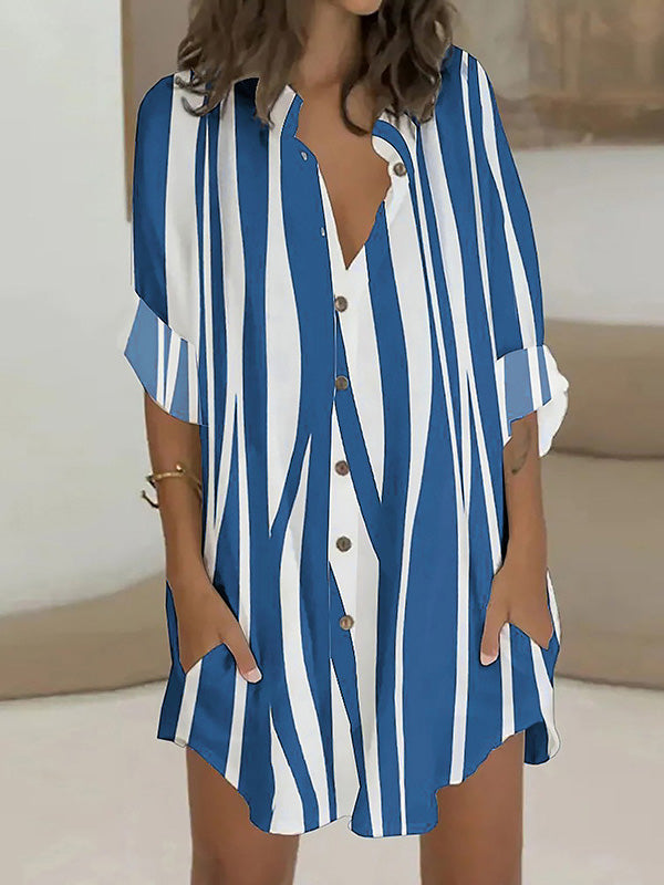 Long Sleeves Loose Buttoned Striped Lapel Mini Dresses Shirt Dress