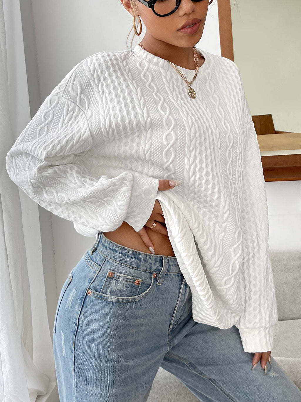 Drop Shoulder Cable Textured Pullover