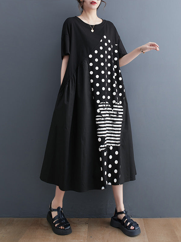 Irregularity Oversize Printed Striped Polka-Dot Split-Joint Round-Neck Midi Dresses