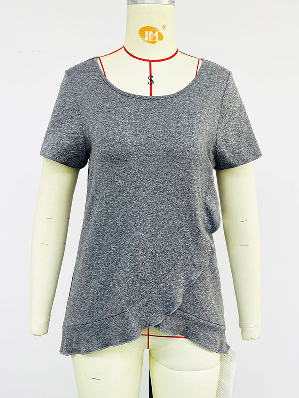 Loose Short Sleeves Asymmetric Ruffled Solid Color Split-Joint Round-Neck T-Shirts Tops